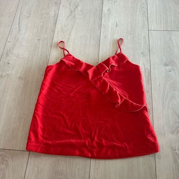 J Crew  NWT Size 2P Stunning Holiday Red Velvet Ruffled Going-Out Cami Top - Picture 1 of 6